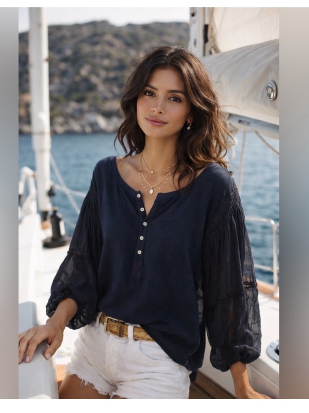Free People Large Navy/Black Balloon Sleeve Henley Top Boho Cotton